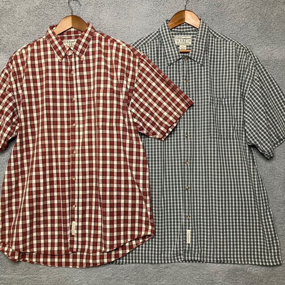 Lot 2 VTG US Expedition Button Up Camp Shirts Men XL Plaid Cotton 90s Outdoor